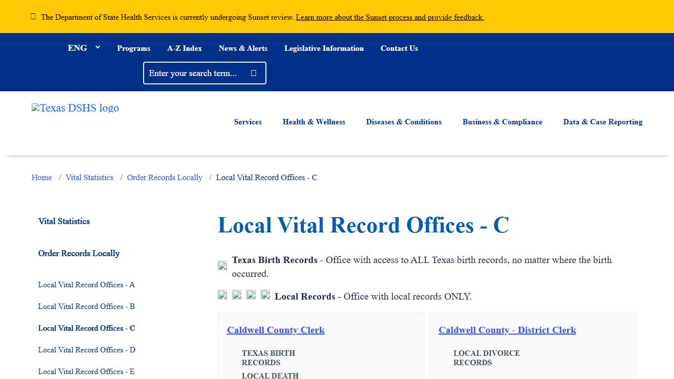 Local Vital Record Offices - C | Texas DSHS