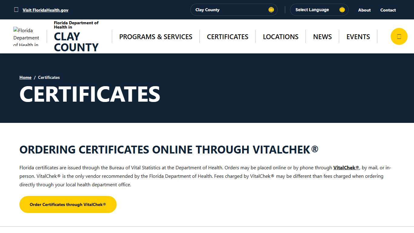 Certificates - Florida Department of Health in Clay County