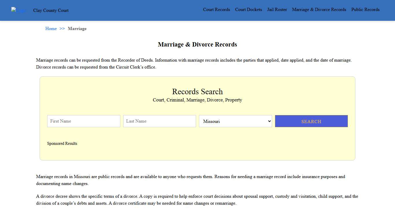 Marriage & Divorce Records | Clay County Court